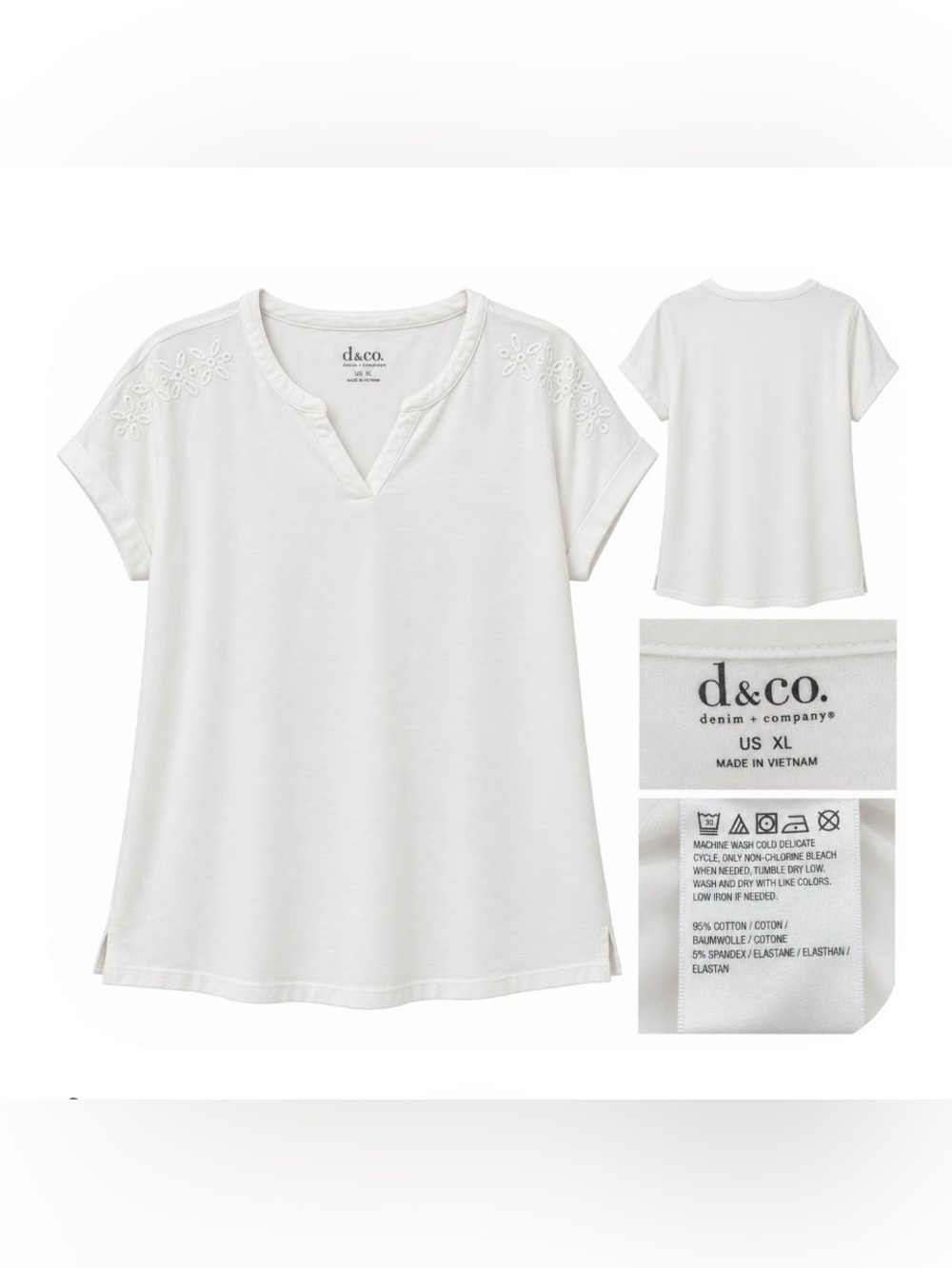 Denim & Co White Embroidered Top Women’s XL Cotton Stretch Split Neck